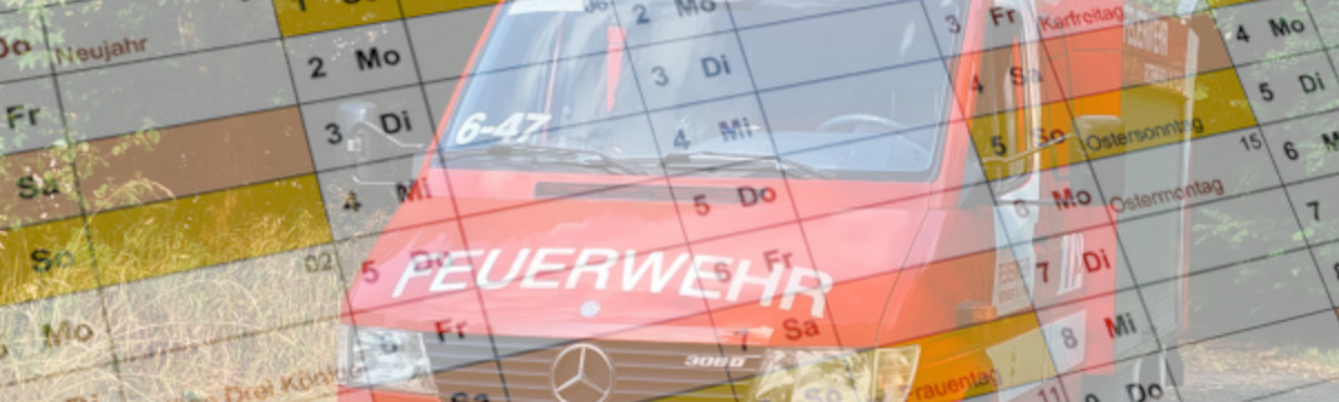 Zeigt unser Feuerwehrfahrzeug zusammen mit einem Terminkalender